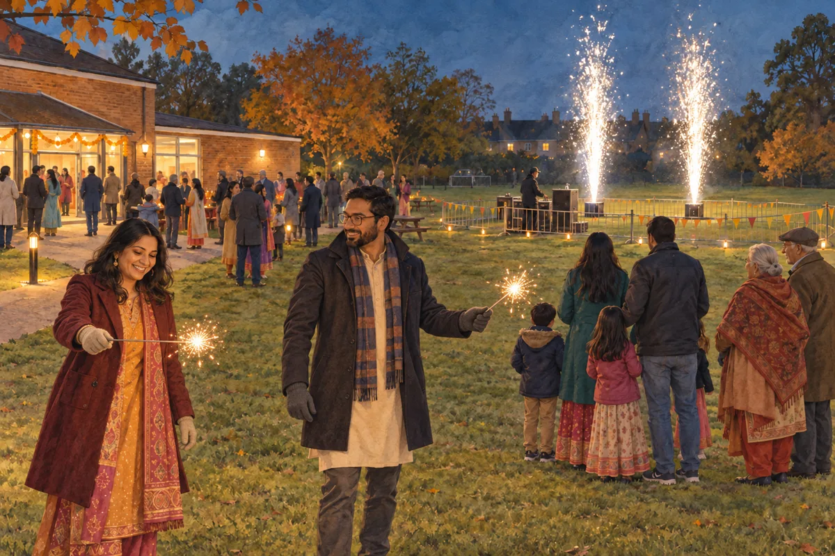 Adults hold sparklers outdoors while families and visiting grandparents watch a professionally operated fountain display from a separate viewing area.